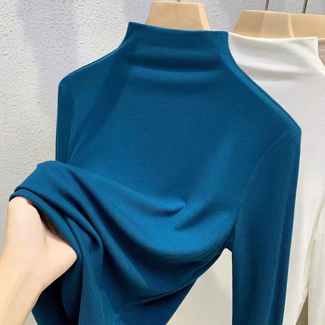 Весенне-осенняя новая модальная стильная базовая рубашка с полувысоким воротником для женщин, модная однотонная футболка с длинными рукавами, модный топ