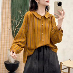 古咖服饰复古竖条纹衬衫女娃娃领单排扣长袖宽松衬衣文艺休闲上衣