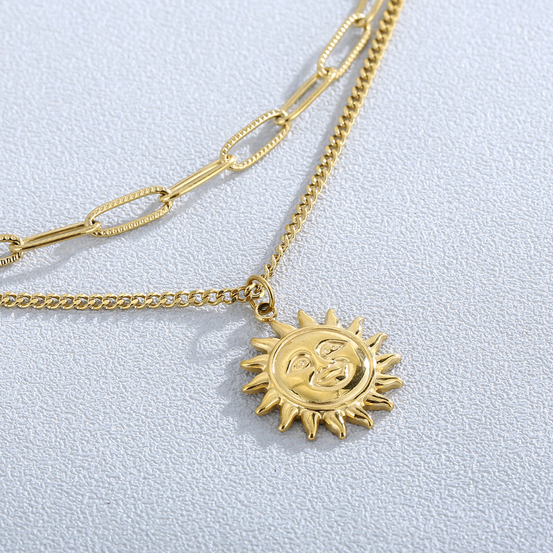 15g Weight PVD Coated Gold Plating Process PVD Coated 18K Gold Plated Sun Titanium Steel Fashion Waterproof Non Tarnish 304 Stainless Steel Necklace