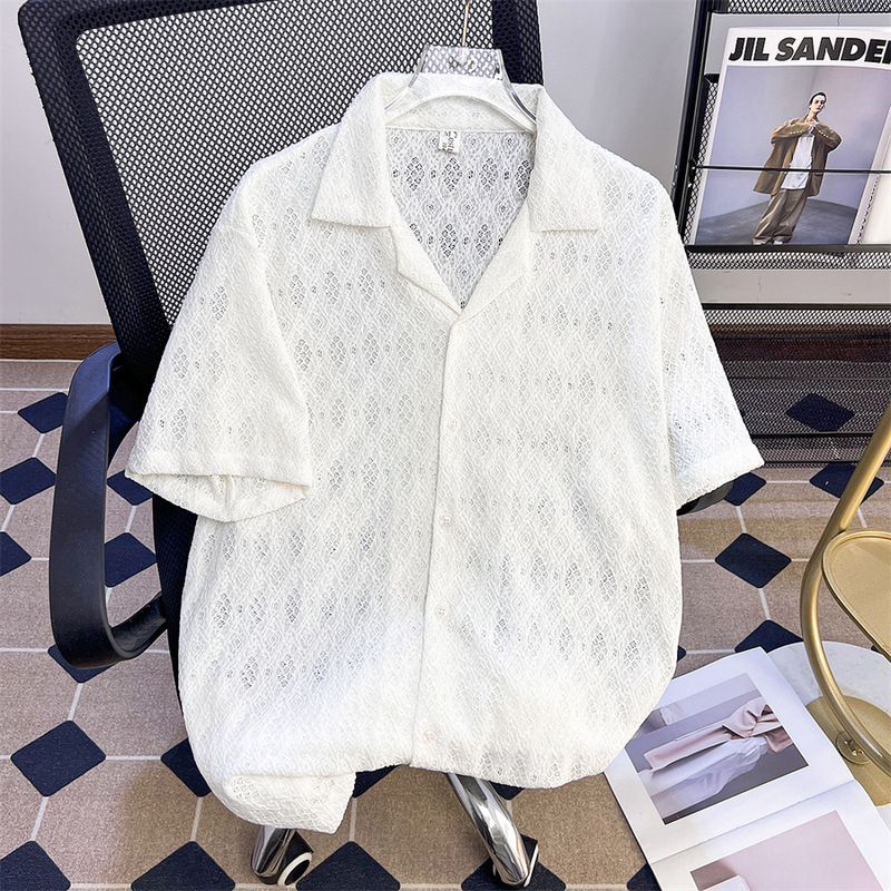 Thin Breathable Hollow Short-sleeved Shirt Men's and Women's Korean High-end Sense Cuban Collar Half-sleeved Shirt Summer Top Trendy