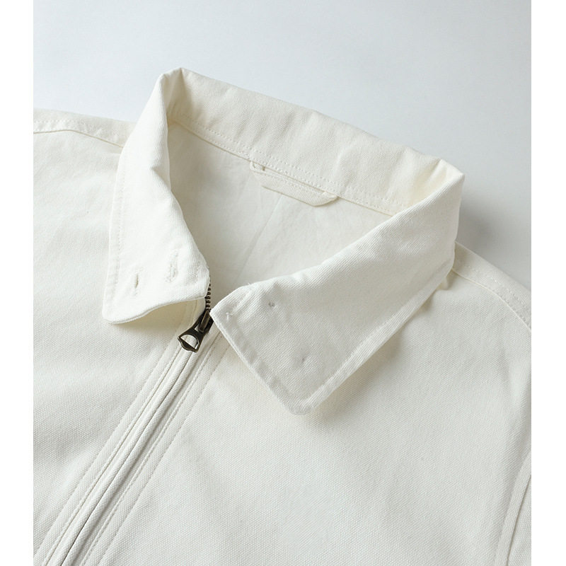 Áo khoác nữ vải canvas cotton dài tay thiết kế thêu họa tiết, khóa kéo, cổ bẻ — Giặt trắng