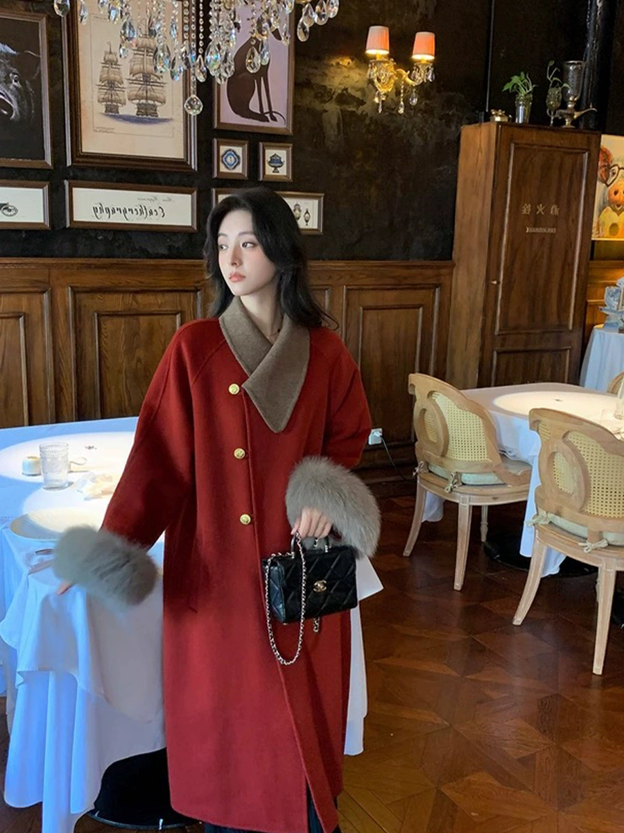 Red summer woolen coat, winter down jacket, plus size