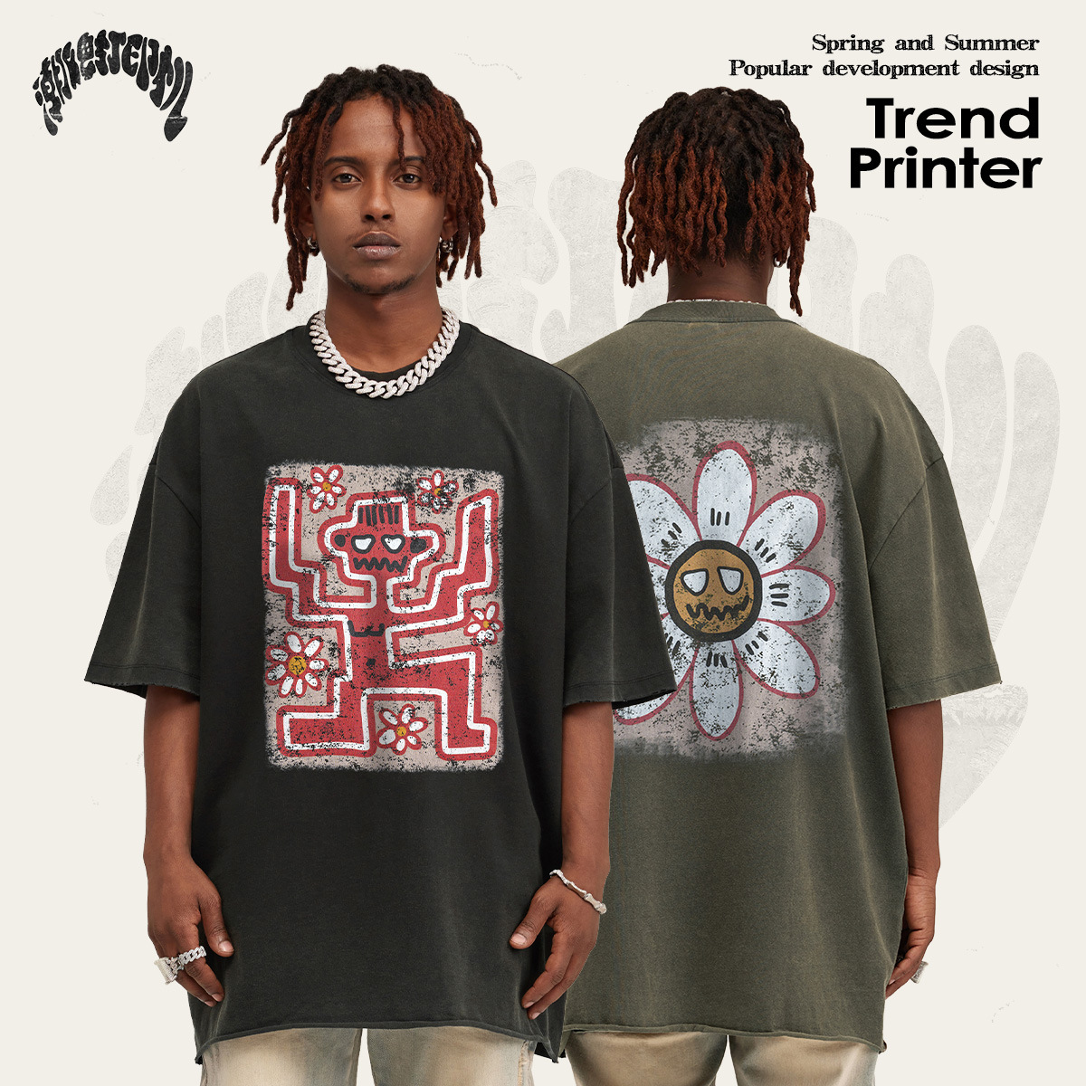 2025 estilo americano vintage marca de moda lavado con agua hacer viejas flores divertidas impresión de manga corta camiseta de calle vintage suelta hombre