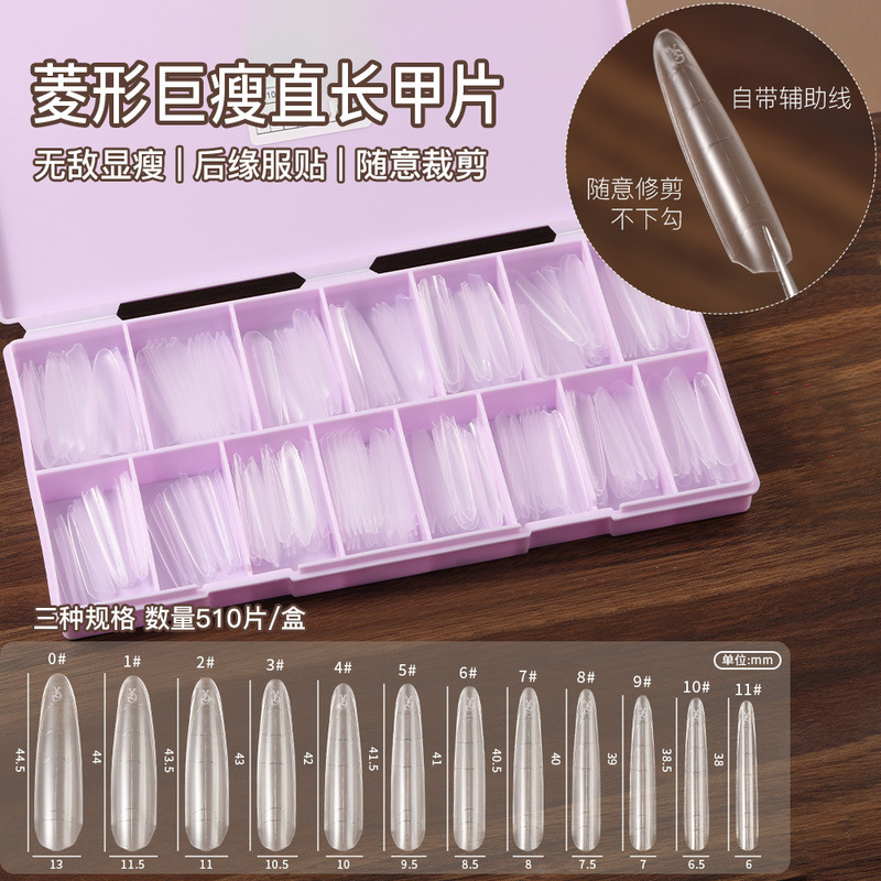 Nail extension tips, diamond-shaped, ultra-thin, oval, and trapezoid designs, easy to apply, with markings, flexible, durable, and suitable for nail art