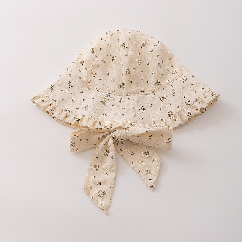 1-2 Sombrero infantil primavera y otoño delgado sombrero de pescador para bebés de estilo francés flor triturada sombrero de protección solar gran gorro