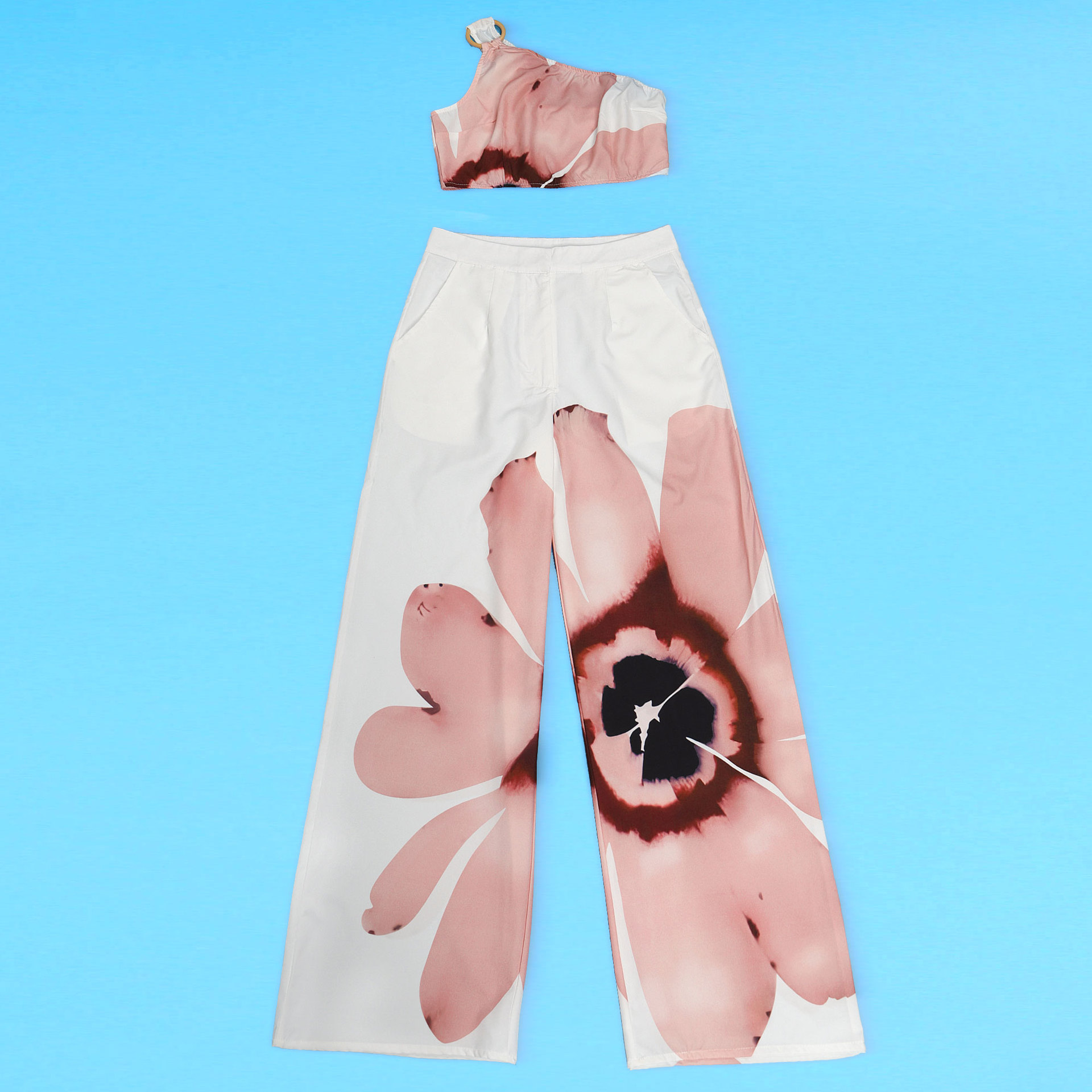 Ensemble deux pièces pantalon large coupe slim à une épaule imprimé pour femme_voghion.com