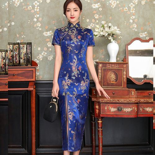 Chinese dresses for women oriental retro qipao dresses host singers stage performance miss etiquette Cheongsam short-sleeved long brocade Chinese style long dresses