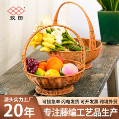 屋外のピクニックの果物の手提げかごの高い足の藤の編みのシンプルな家庭用野菜の買い物の装飾の収納の編みの贈り物のかご