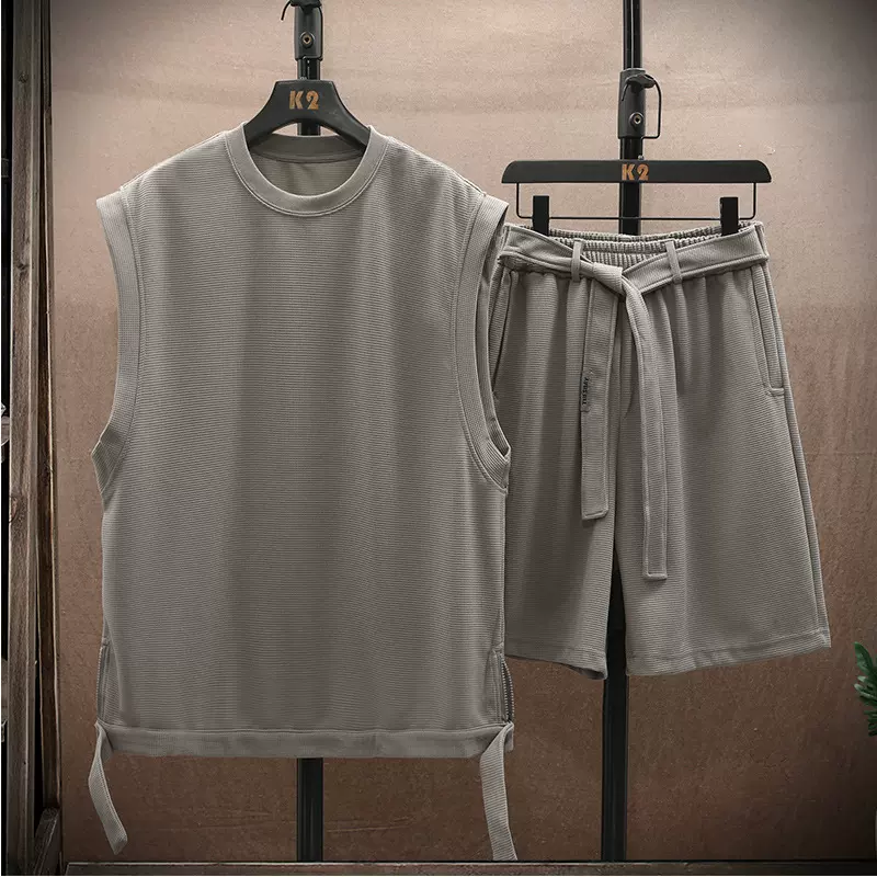 夏季休闲运动套装无袖背心马甲男宽松坎肩短裤百搭两件套轻薄速干