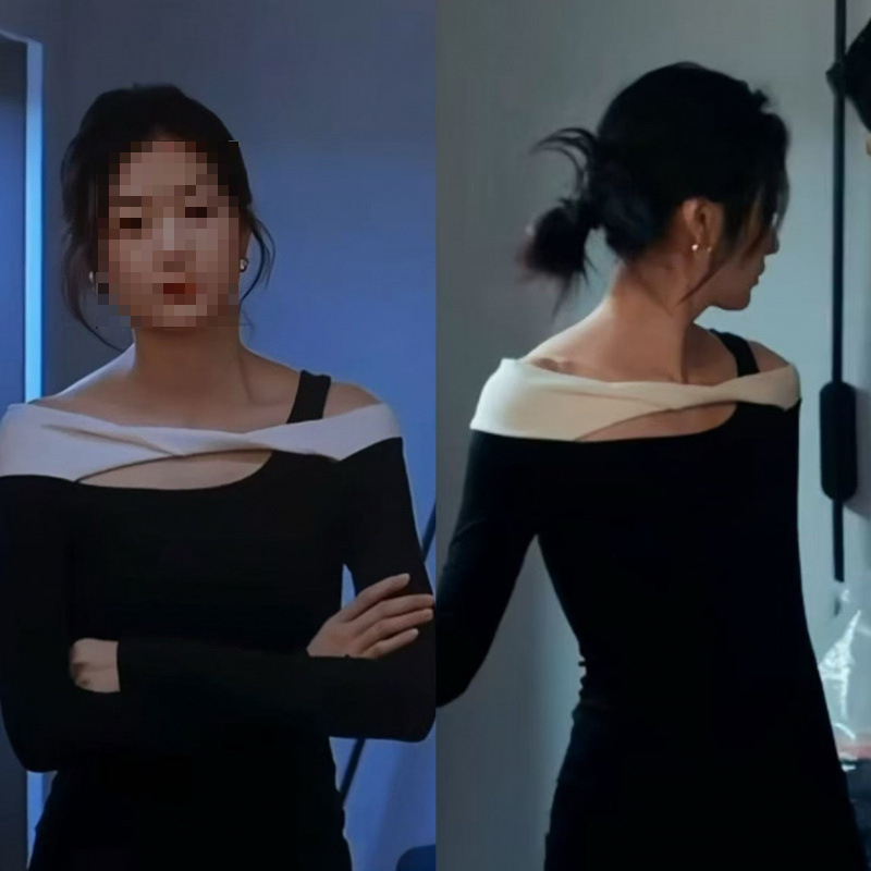 Early spring, sunny weather. Sun Qian's style: black, one-shoulder, long-sleeved, high-end, slim-fit inner top, American-style, sexy off-shoulder top Early spring, sunny weather. Sun Qian's style: black, one-shoulder, long-sleeved, high-end, slim-fit inner top, American-style, sexy off-shoulder top