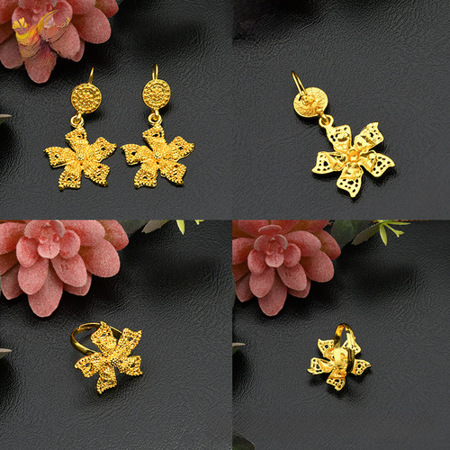 24K Dubai Gold Jewelry Set for Brides - Necklace, Bracelet, Earrings, and Ring - Four-Piece Set, African Women's Jewelry Set - Wholesale