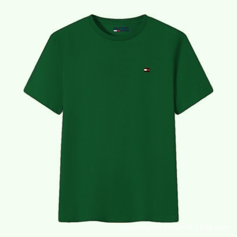 Cross-Border Classic T0Mmy Short-Sleeved T-Shirt Men's Casual Pure Cotton Round Neck Tommy Embroidered T-Shirt Pure Color Summer Top