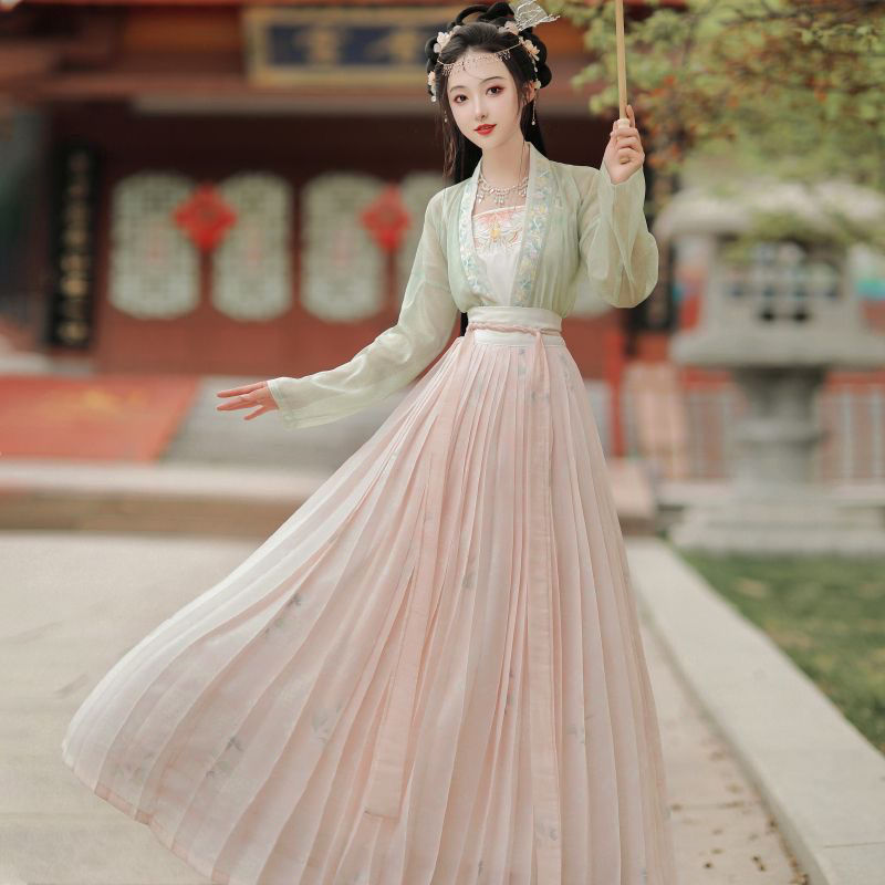 小个子汉服细雨空山春夏宋制绣花吊带印花短衫齐腰百褶裙日常|undefined