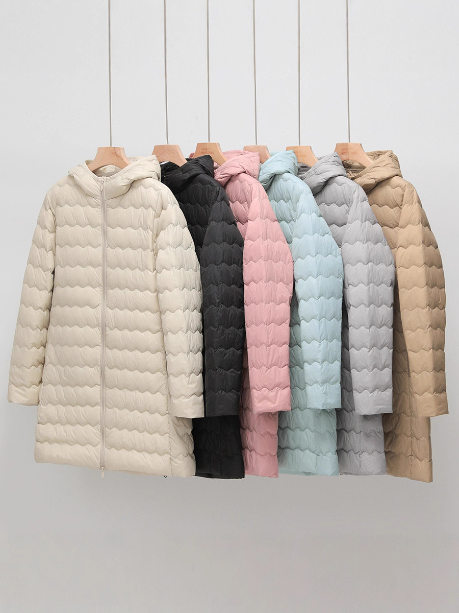 2025 otoño y invierno nueva moda encapuchada onda media y larga chaqueta de pluma ligera y delgada chaqueta con cremallera de mujer caliente marea