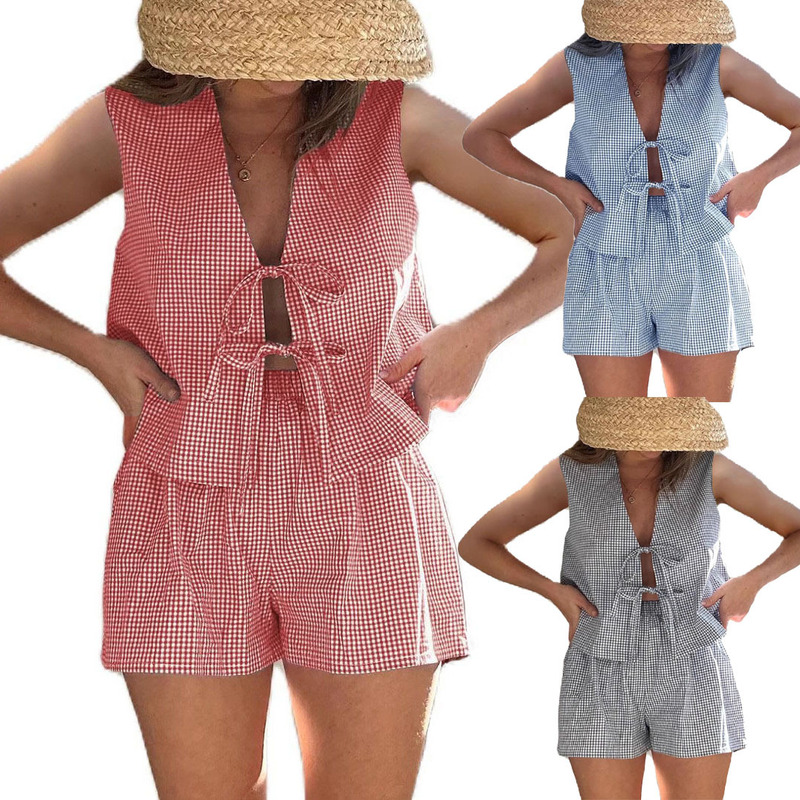 2025 Amazon Summer Explosions Casual suit Women's Vacation Style Plaid Lace-Up Vest Shorts Two-Piece Set