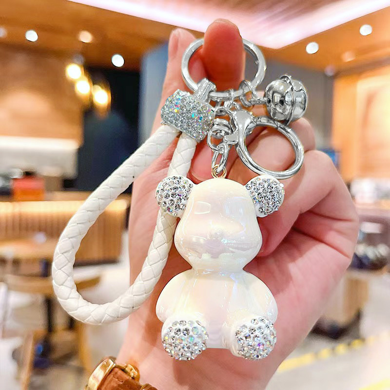 Cute Diamond Bear Key Pendant Violent Bear Car Key Chain Anti-Lost Key Pendant Leather Rope Small Bell for Women