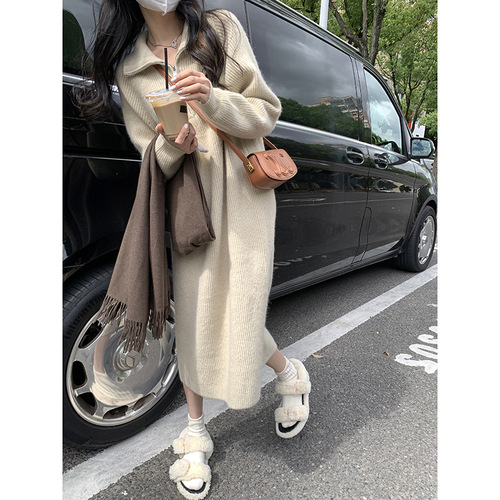 2025 Spring and Autumn Matching Coat Inner Long Dress with High-Gloss Goddess Style Long-Sleeve Knit Dress