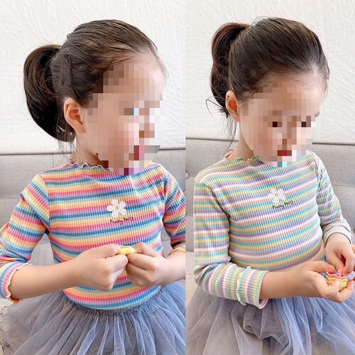 Girls' Spring and Autumn Outfit New Rainbow Striped Baby Long Sleeve T-Shirt Children's Autumn and Winter Outfit Fleece Top Trendy