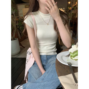 Summer Korean Style Round Neck Irregular Hollow Slim Fit Versatile Andy Velvet Knitted Short-Sleeved Top