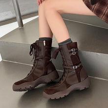 更舒适运动厚底马丁靴2025冬羊皮绒面拼接中跟真皮系带休闲短靴女