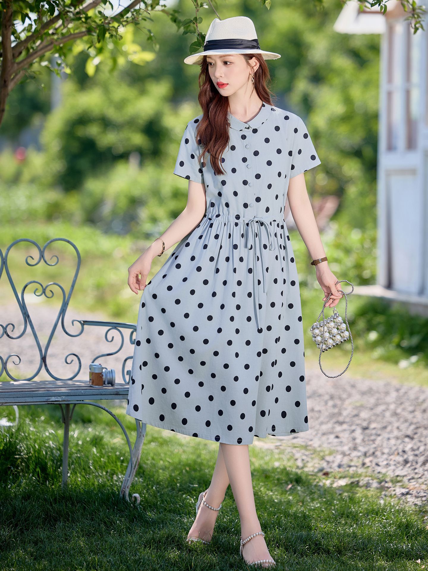 Đầm maxi nữ chấm bi in họa tiết eo thon dáng midi thời trang NI502 — màu be, màu xanh