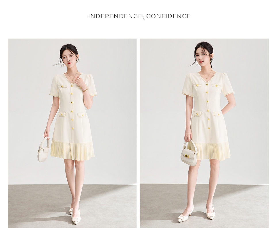 Đầm nữ cổ tròn tay ngắn thắt eo phong cách Chanel — màu đen chi tiết 13