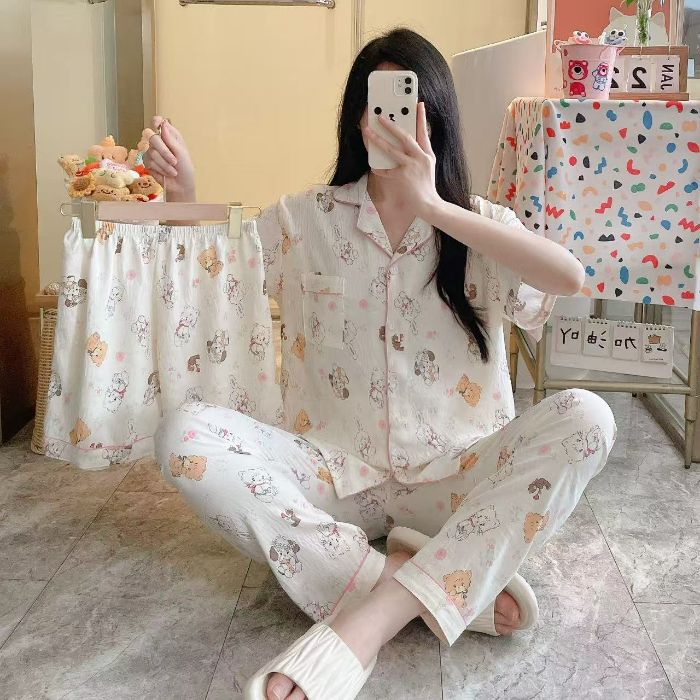 Venta al por mayor transfronteriza 120g pijamas de algodón de nube de verano de manga corta para mujer pantalones cortos de algodón de nube de verano de tres piezas servicio a domicilio de dibujos animados