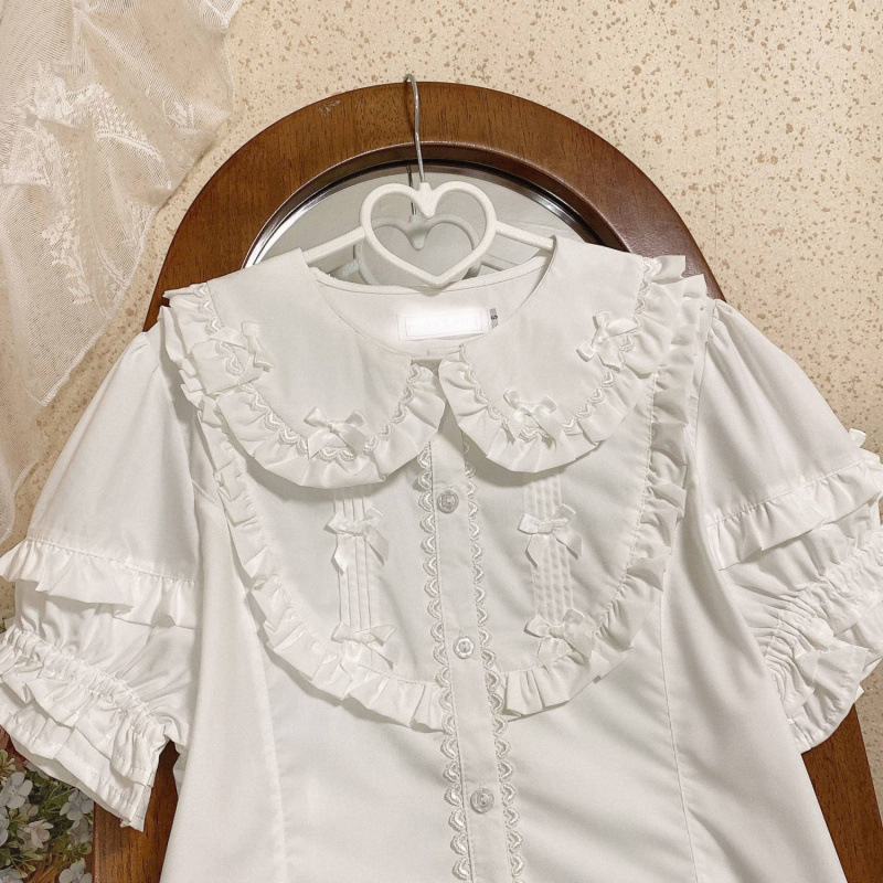 Cream Condensed Milk Lolita with Puff Sleeves, Doll Collar, Lace, Cute Soft Girl Short-Sleeved Shirt, Lolita Shirt Cream Condensed Milk Lolita with Puff Sleeves, Doll Collar, Lace, Cute Soft Girl Short-Sleeved Shirt, Lolita Shirt