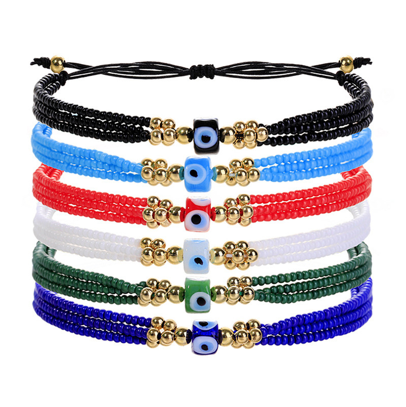 Amazon New Rice Bead Bracelet Turkish Evil Eye Multi-Layer Stacked Small Rice Beads Adjustable Women's Bracelet