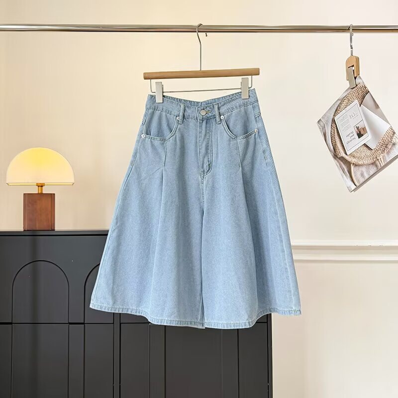 Summer New Thin High-Waisted Slimming Comfortable Lyocell Wide-Leg Denim Capri Pants for Women