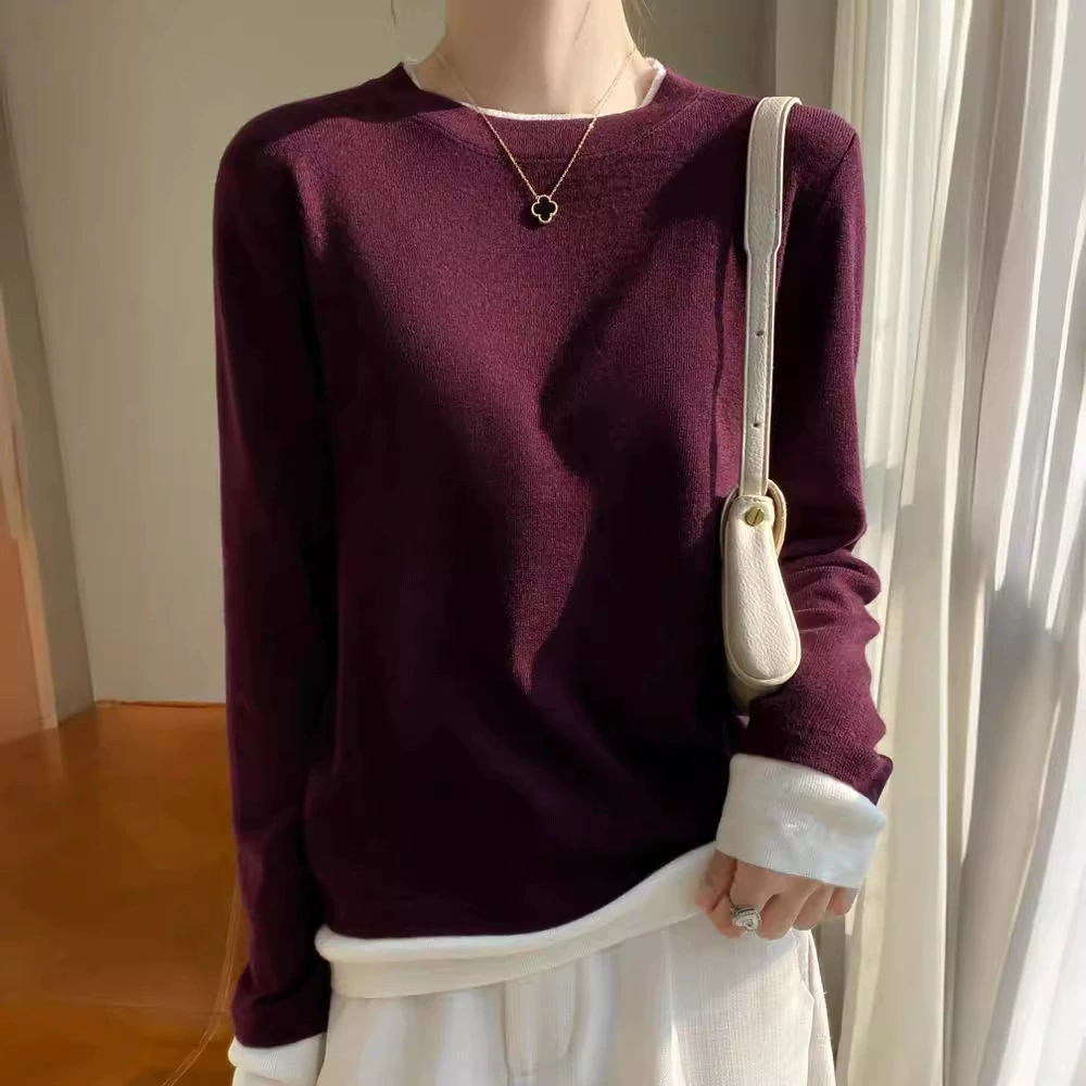 Весенняя НОВАЯ шерстяная женская вязаная основа с круглым вырезом и искусственным двумя предметами, подходящая по цвету, свободная дизайнерская футболка для похудения