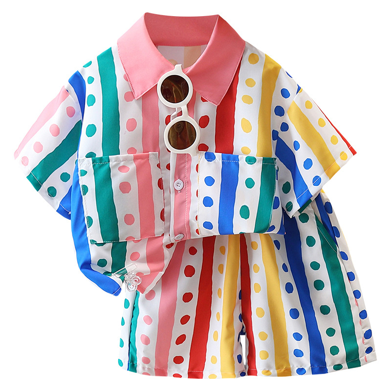 7114 Traje de camisa para niños 2025 verano nuevo estilo niño ropa de vacaciones bebé estilo occidental vestido de verano de manga corta