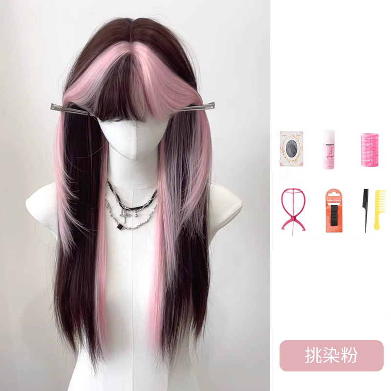假发女齐刘海粉色挑染棕日常cos甜酷长直发lolita整顶自然全头套|undefined