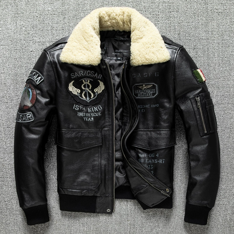 Leather jacket, cowhide, genuine leather, with embroidery, increased thickness, plus size