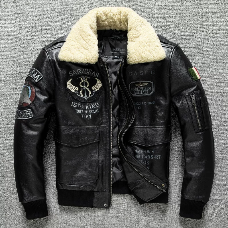 Leather jacket, cowhide, genuine leather, with embroidery, increased thickness, plus size
