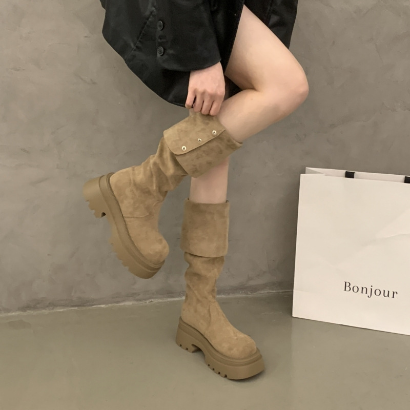【现货】过膝长筒靴女2025新款粗跟复古铆钉大码麂皮绒两穿骑士靴|undefined
