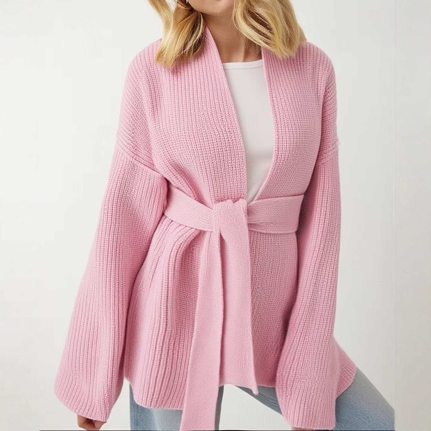 European and American Cross-Border V Neck Belt Sweater Knitted Cardigan Autumn and Winter New Elegant Work Clothing Loose Lazy Women's Jacket