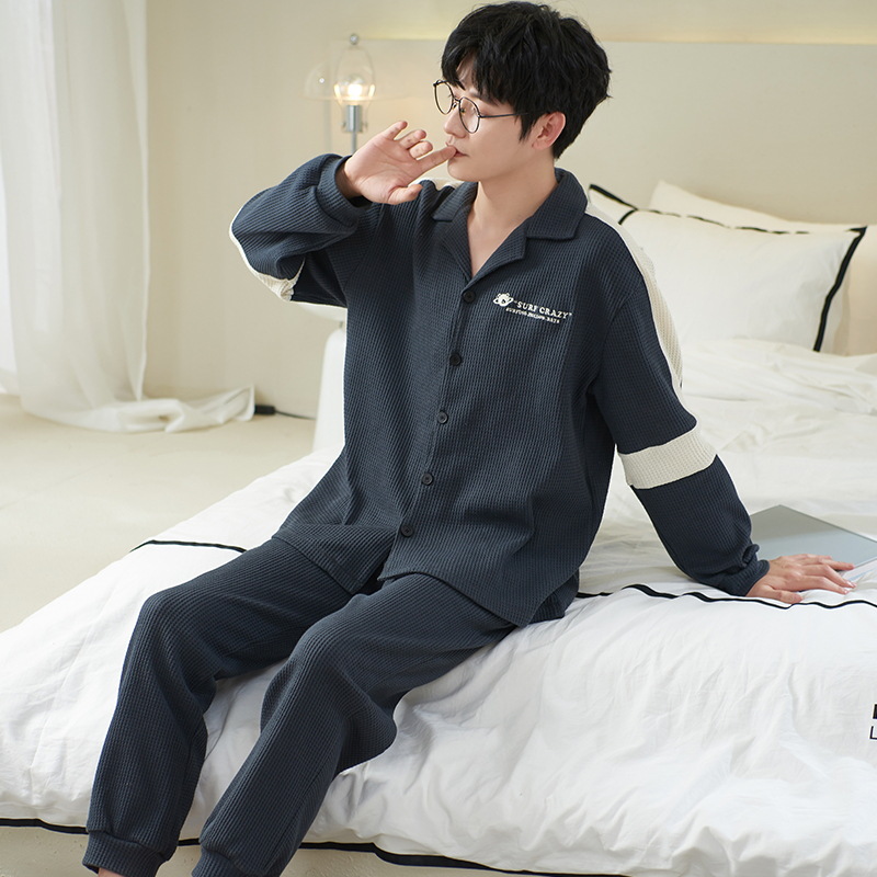 Pijamas de hombre Primavera y otoño solapa de manga larga Cardigan Youth algodón más tamaño suelto traje de uso doméstico se puede usar fuera