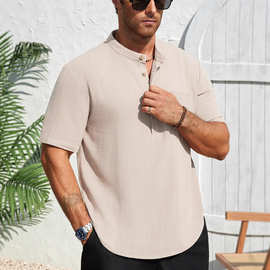 短袖亚麻衬衫男士文艺休闲上衣纯色立领麻料衬衣海边户外度假短袖