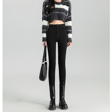 拉夏黑色紧身牛仔裤女小脚裤秋冬加绒高腰弹力修身显瘦铅笔裤贝尔