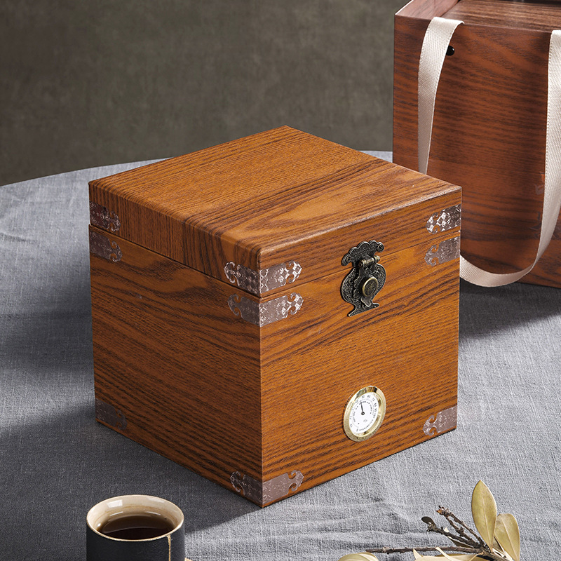 木纹茶叶包装盒福鼎白茶普洱带湿度计新款礼盒空盒咖色通用散茶盒