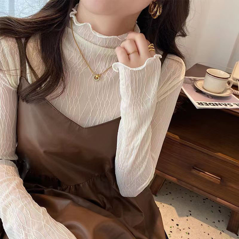 2023 New Early Autumn half turtleneck wooden ear T-shirt long sleeve lace inner top women's mesh bottoming shirt