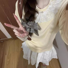 奶黄色蕾丝花边蝴蝶结短袖针织上衣女春夏法式甜美小个子减龄t恤