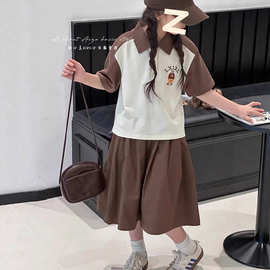女童夏季POLO衫七分裤两件套2025新款中大童韩版拼色宽松运动套装