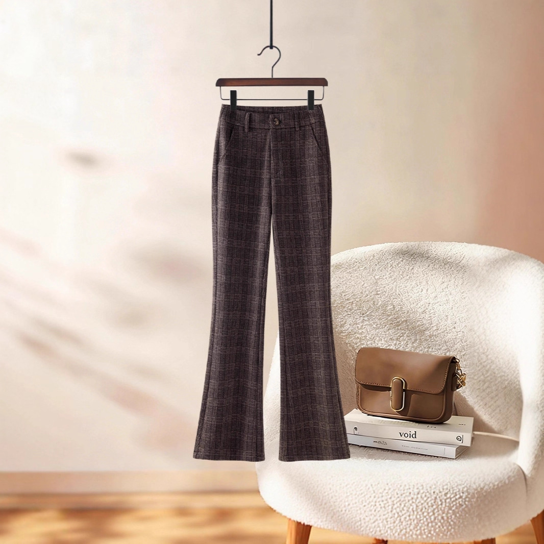 Minimalist Style Acetate Woolen Micro-Flared Pants for Women Winter 2025 New Plaid Small Height Tencel Flared Pants