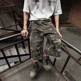2026迷彩多口袋毛边工装短裤男女夏季潮牌户外运动宽松男式牛仔裤