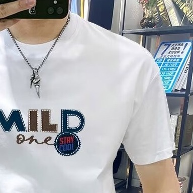 T-shirt col rond pour hommes, polyvalent, décontracté, demi-autocollant, lettre brodée, tendance, manches courtes, mode hiver 2023_voghion.com