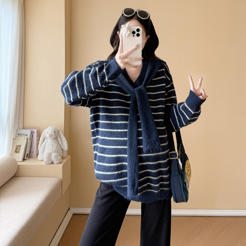孕妇装套装V领披肩条纹毛衣秋冬新款慵懒风休闲宽松显瘦百搭上衣|undefined