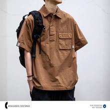 日系工装休闲短袖衬衫男潮牌夏季薄款POLO衫宽松半袖衬衣外套男