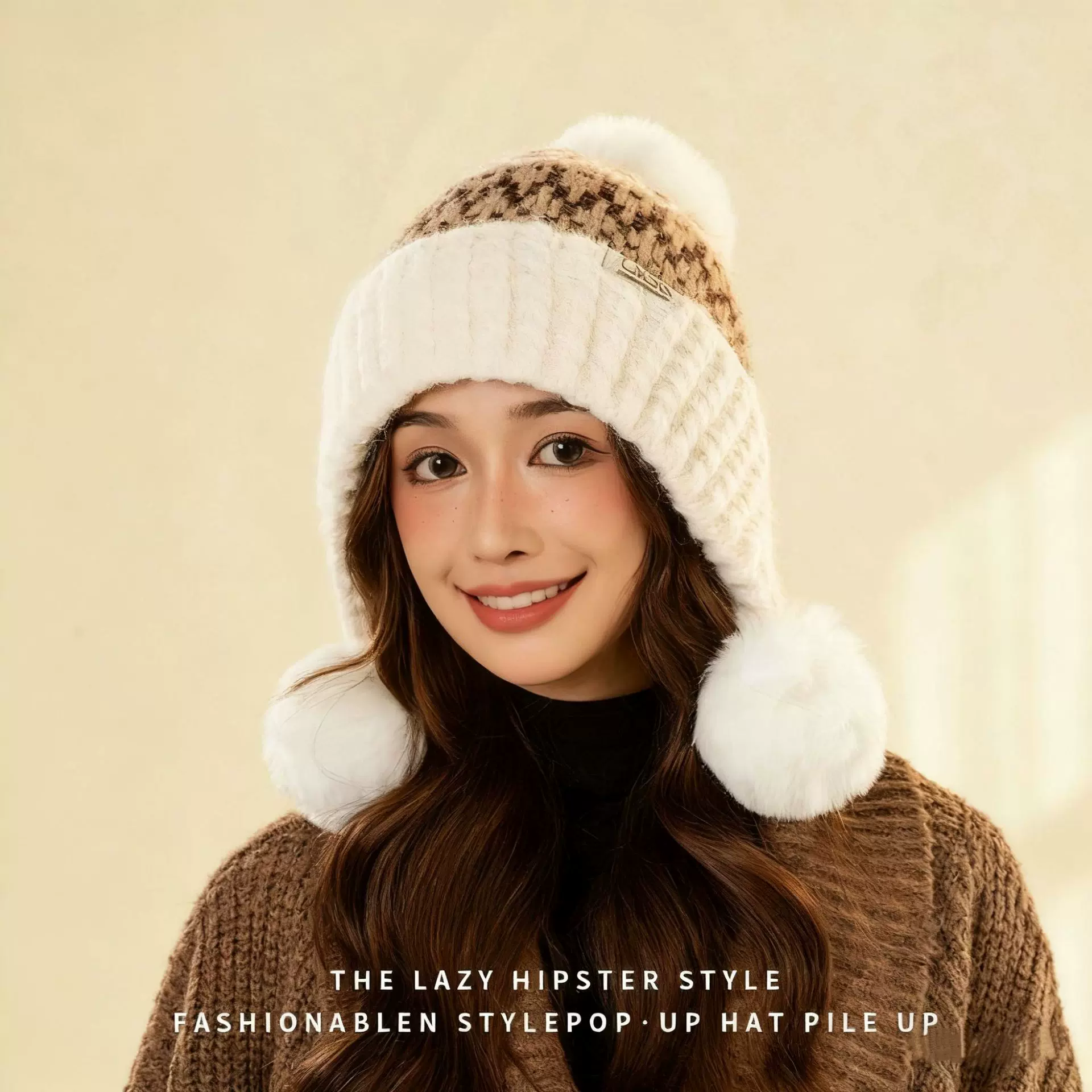 时尚拼色毛球护耳保暖针织帽女秋冬季新款骑行防寒加厚毛绒帽百搭